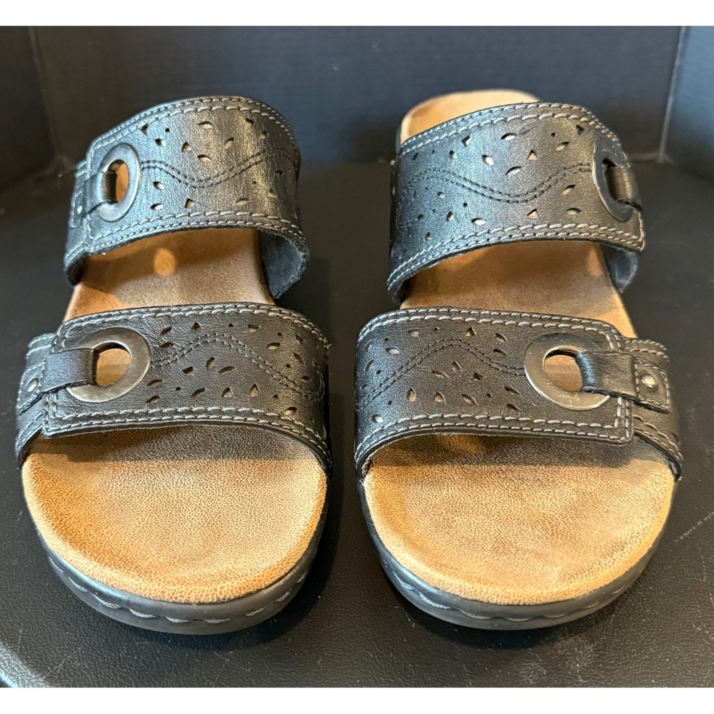 Clarks Lexi Laurel Size 8 Slide Sandals Black Perforated Double Strap Wedge